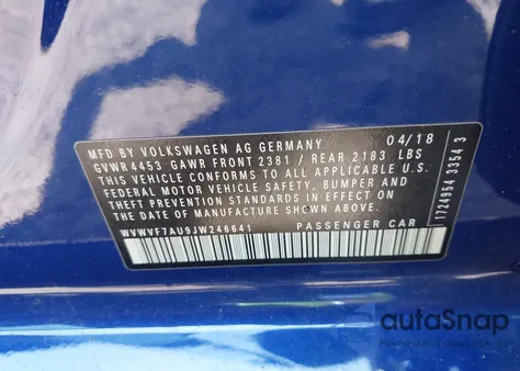 2018 Volkswagen Golf z USA, uszkodzony, nr VIN WVWVF7AU9JW246641